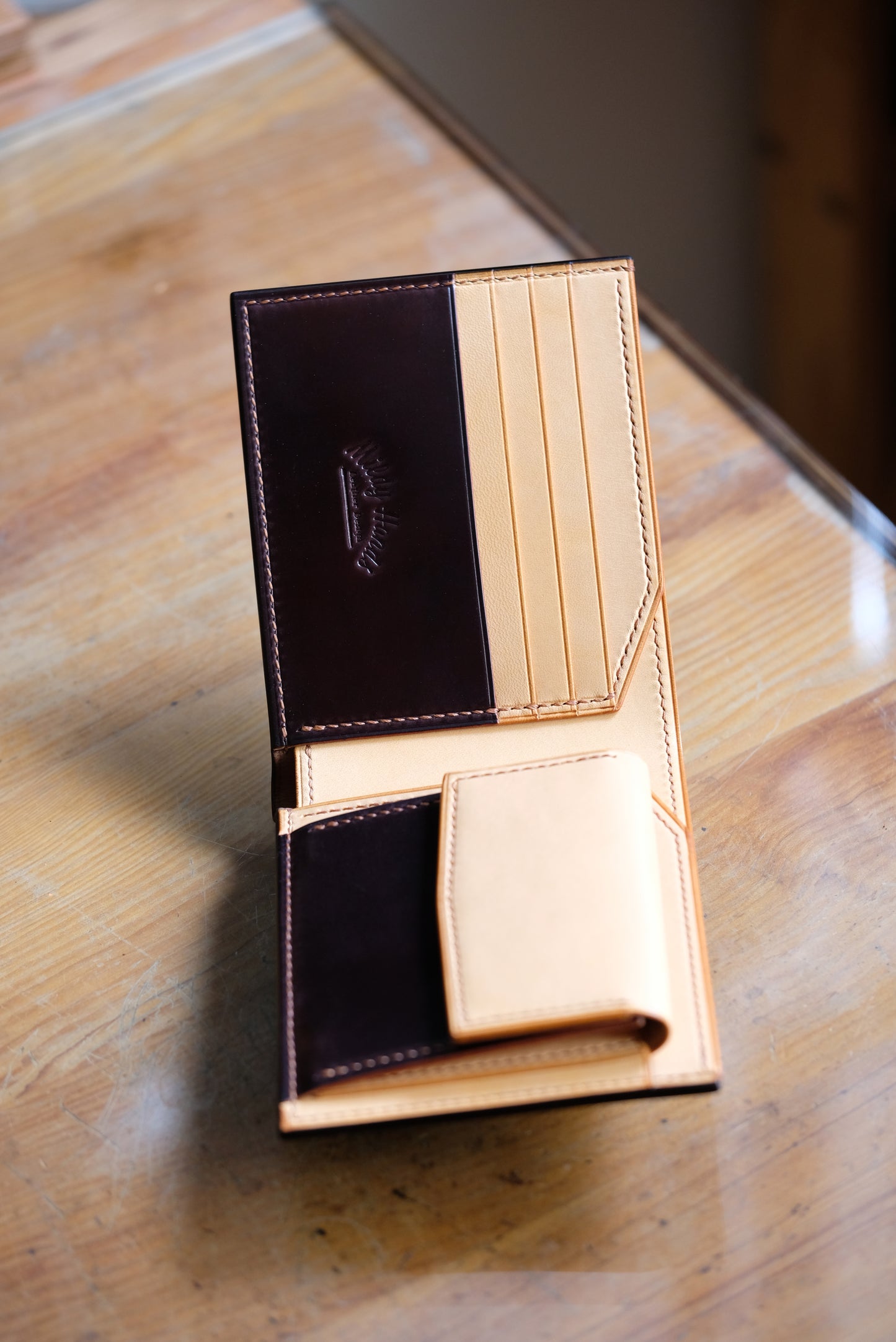 SW01COIN - Bifold Wallet - Horween Shell Cordovan - Burgundy / Natural / Made to Order