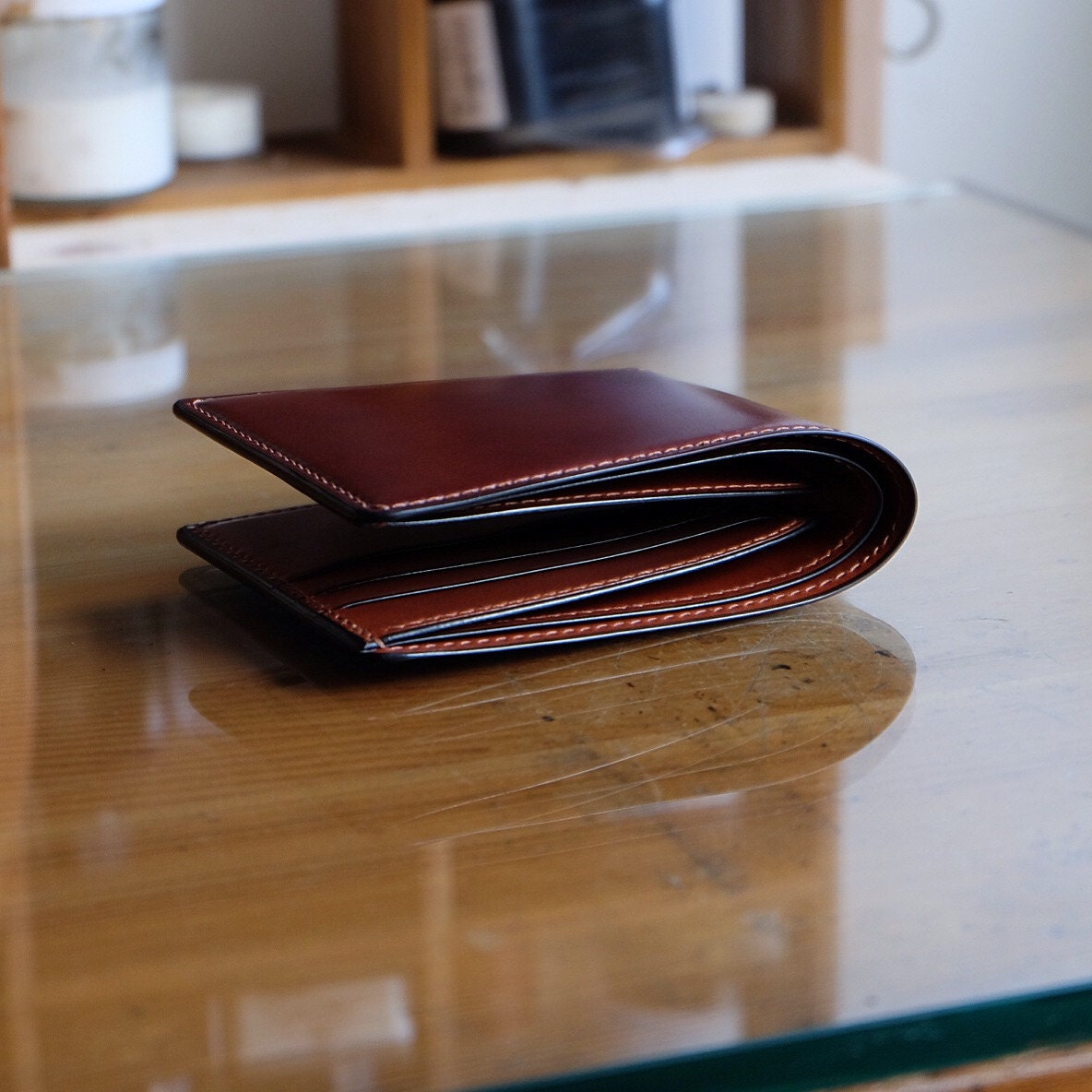 SWP01 - Japanese Shinki HikakuShell Cordovan - bifold wallet - Burgundy / Camel / Made to Order