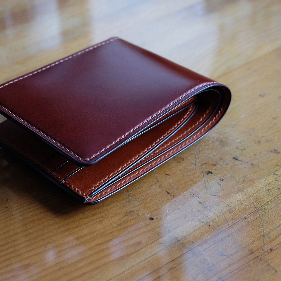 SWP01 - Japanese Shinki HikakuShell Cordovan - bifold wallet - Burgundy / Camel / Made to Order