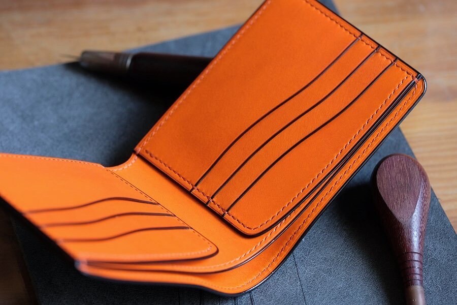 SW01 - Bifold Wallet ( Wave card slots ) - Japanese Shinki Hikaku shell cordovan / Black / Orange / H86mm / Made to Order