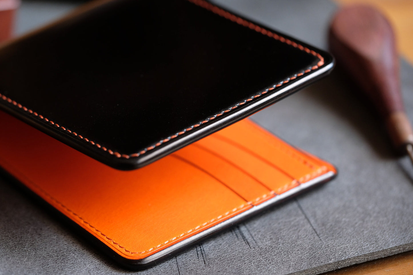 SW01 - Bifold Wallet ( Wave card slots ) - Japanese Shinki Hikaku shell cordovan / Black / Orange / H86mm / Made to Order
