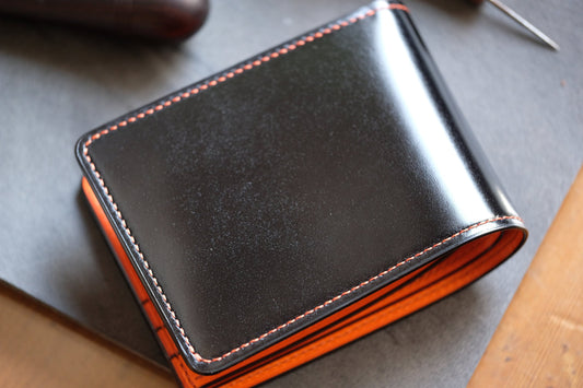 SW01 - Bifold Wallet ( Wave card slots ) - Japanese Shinki Hikaku shell cordovan / Black / Orange / H86mm / Made to Order