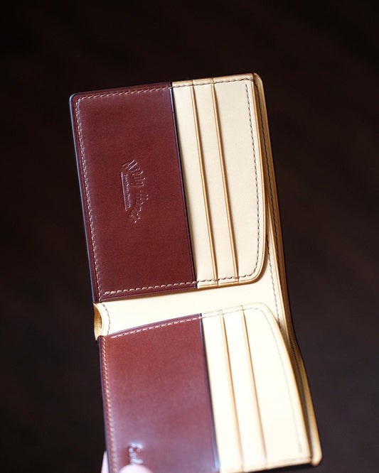SW01 - Bifold Wallet - Japanese Shinki Hikaku Shell Cordovan - Burgundy / Nature / First card slots in shell corodvan / Made to Order