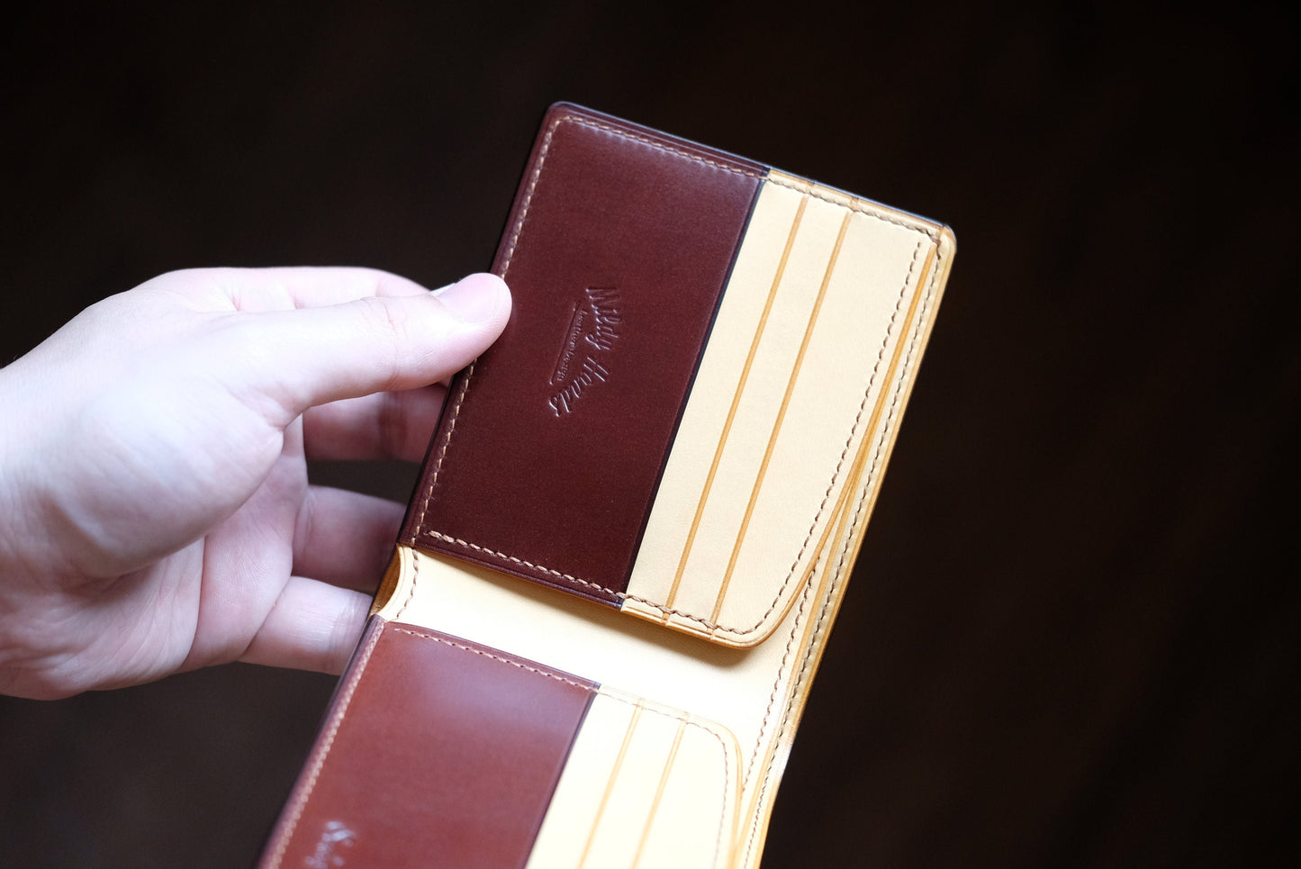 SW01 - Bifold Wallet - Japanese Shinki Hikaku Shell Cordovan - Burgundy / Nature / First card slots in shell corodvan / Made to Order