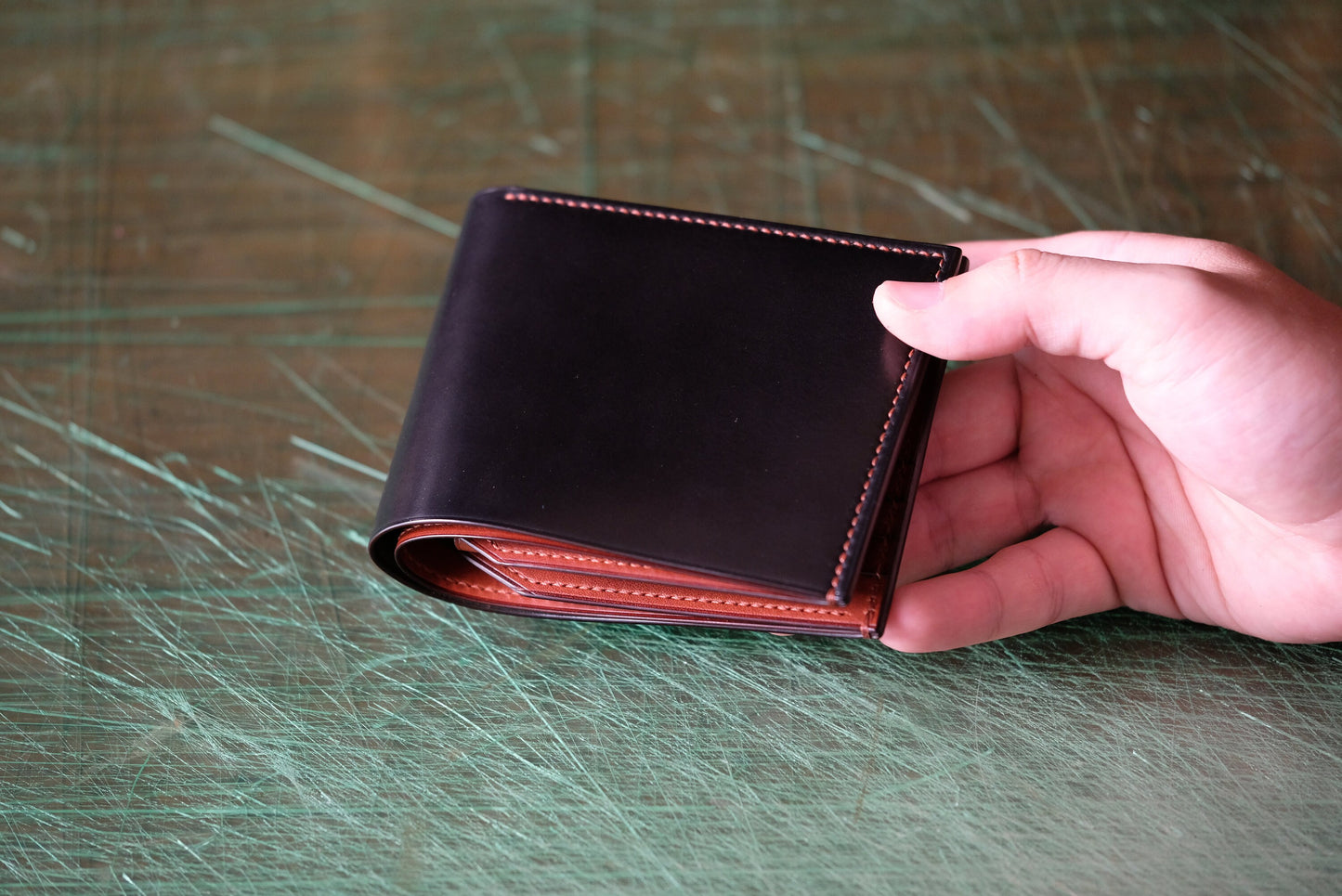 SW01COIN - Bifold Wallet - Horween Shell Cordovan - Black / Camel / Made to Order