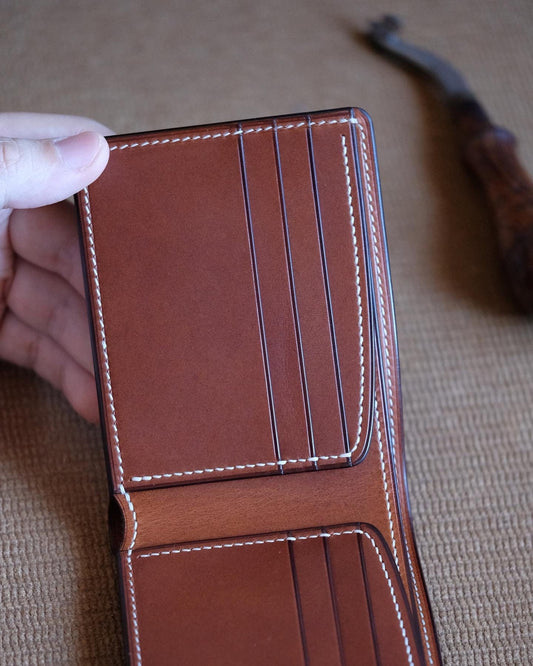SW01 - Bifold Wallet - Japanese Shinki Hikaku shell cordovan - Burgundy / Camel / No.33 stitching / Made to Order