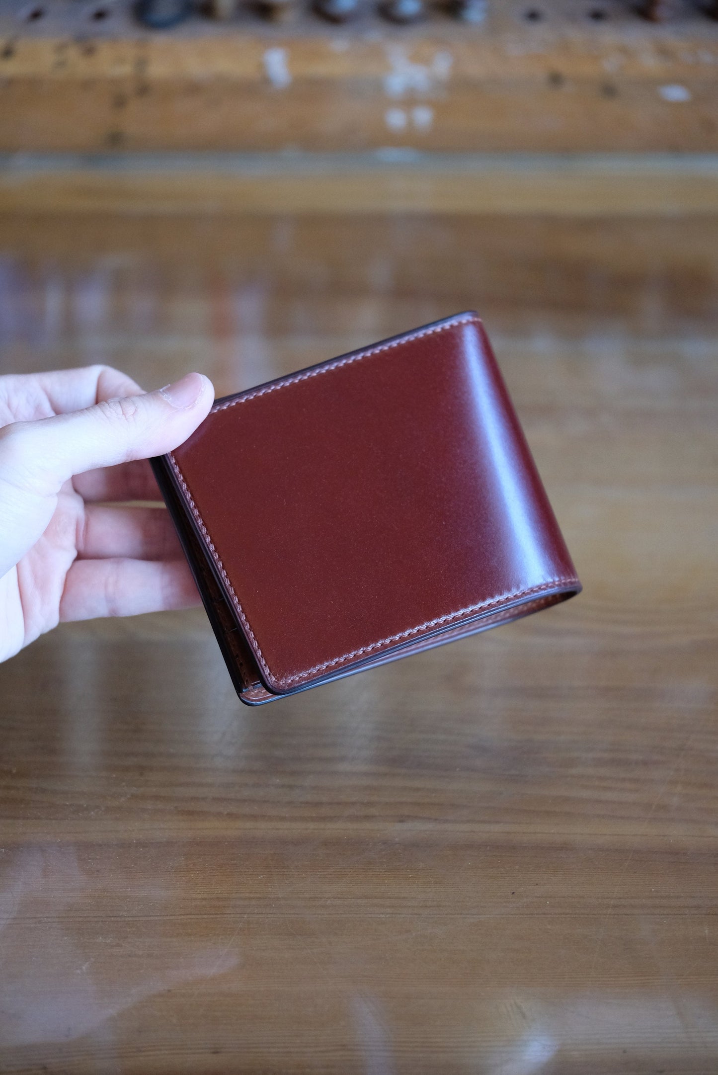 SW01 - Bifold Wallet - Japanese Shinki Hikaku shell cordovan - Burgundy / Camel / No.15 stitching / Made to Order