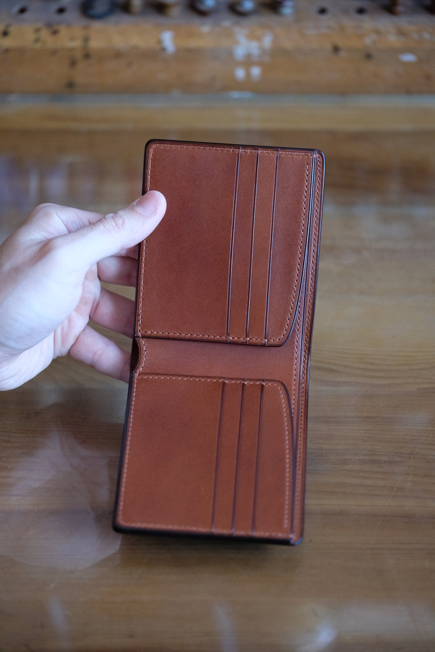 SW01 - Bifold Wallet - Japanese Shinki Hikaku shell cordovan - Burgundy / Camel / No.15 stitching / Made to Order