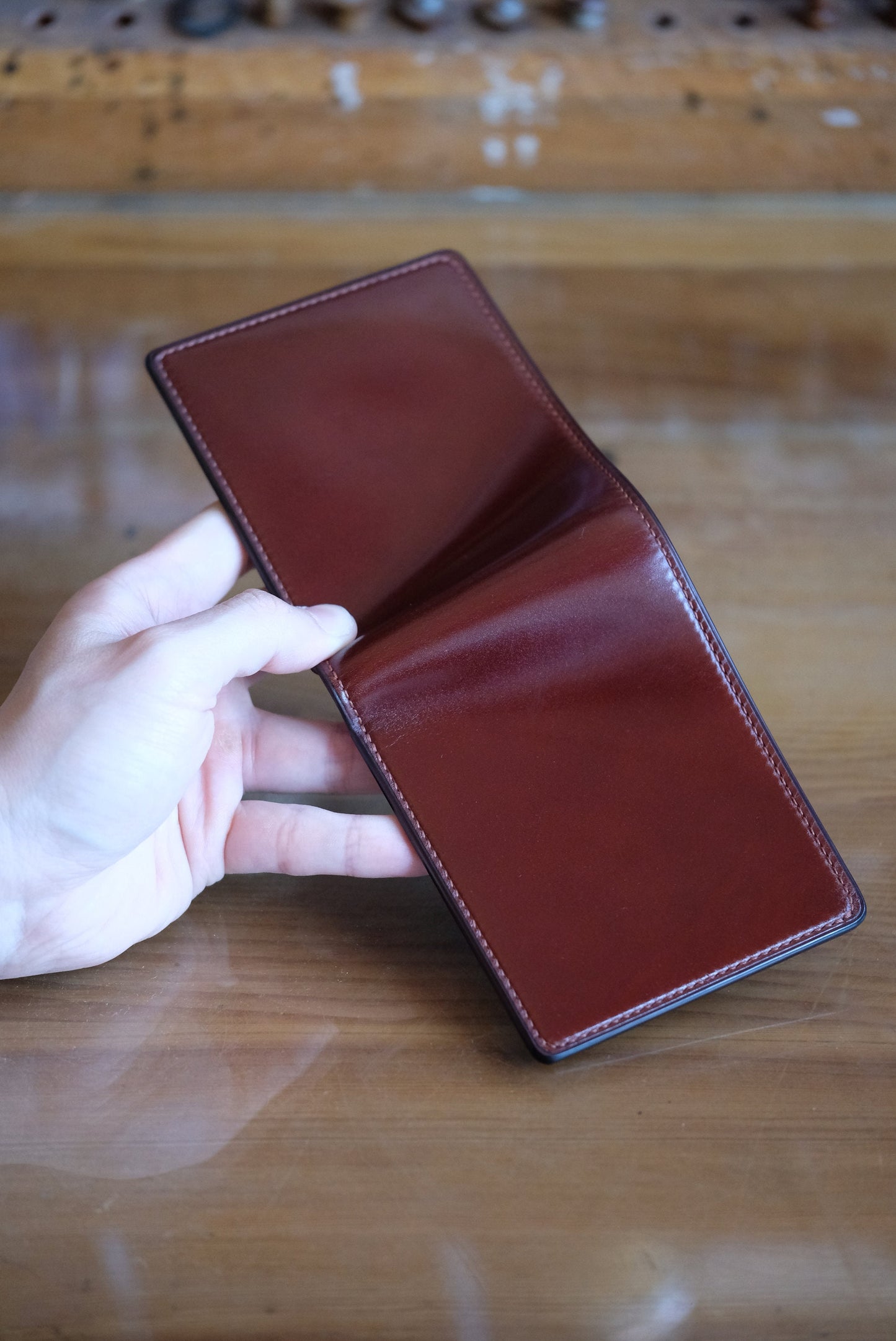 SW01 - Bifold Wallet - Japanese Shinki Hikaku shell cordovan - Burgundy / Camel / No.15 stitching / Made to Order