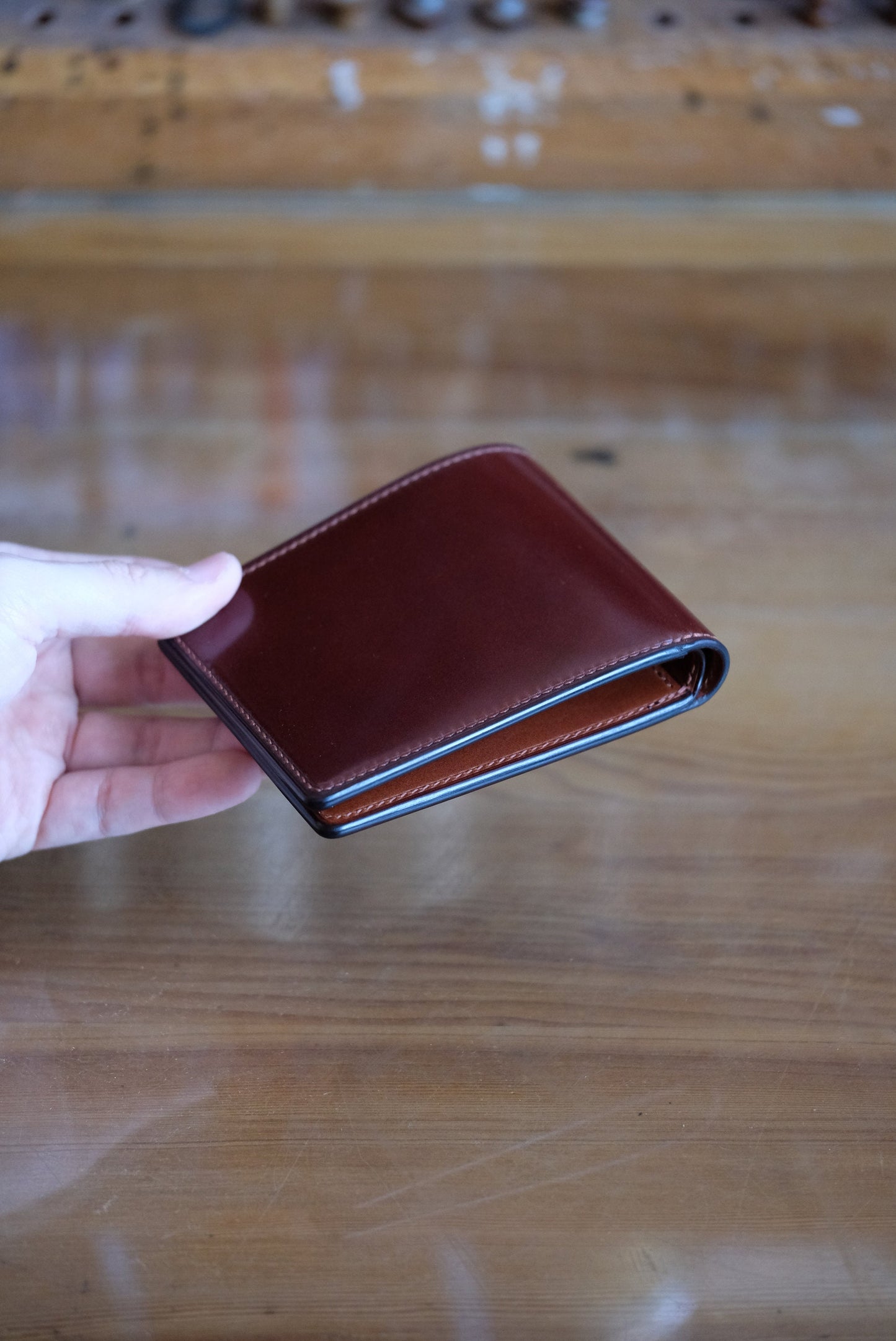 SW01 - Bifold Wallet - Japanese Shinki Hikaku shell cordovan - Burgundy / Camel / No.15 stitching / Made to Order