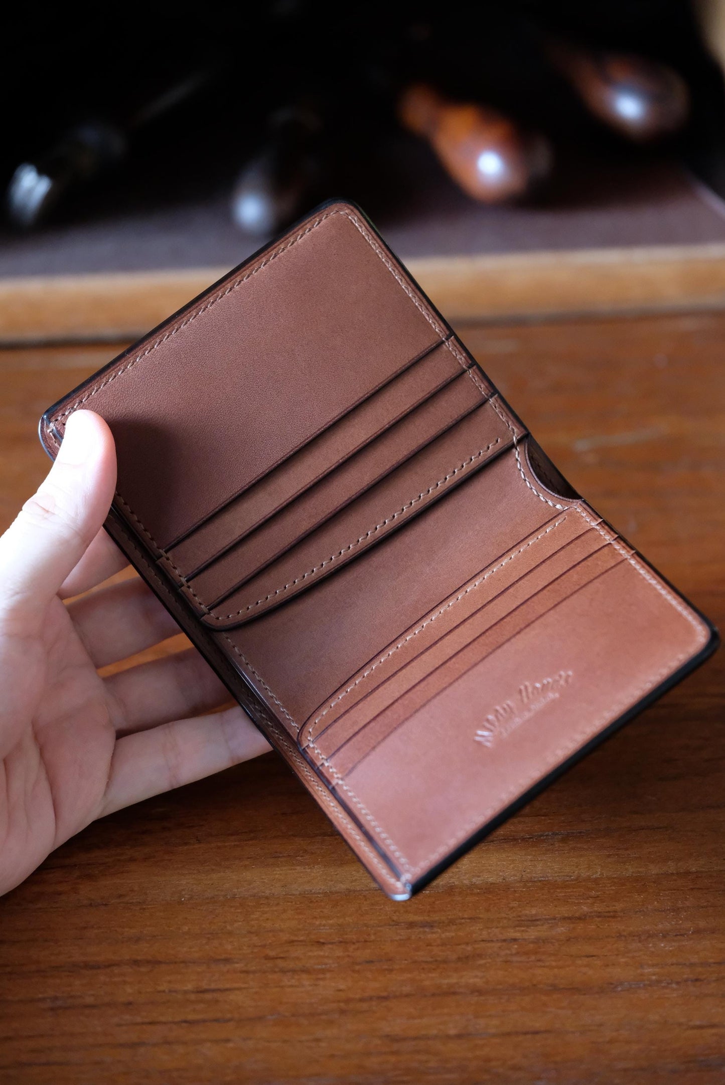 SV01 - Bifold Wallet - Japanese Shinki Hikaku shell cordovan - Burgundy / Camel / Made to Order
