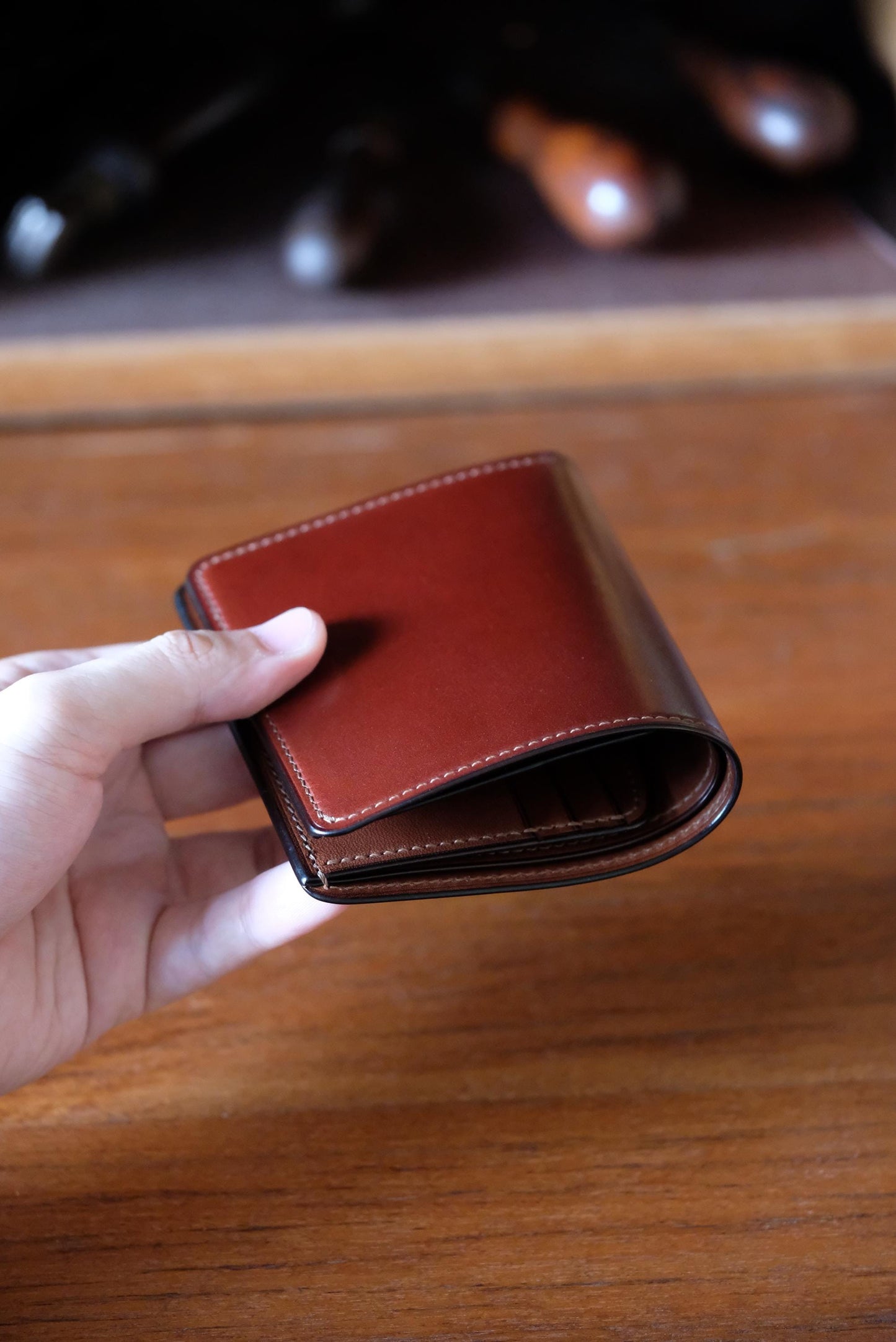 SV01 - Bifold Wallet - Japanese Shinki Hikaku shell cordovan - Burgundy / Camel / Made to Order