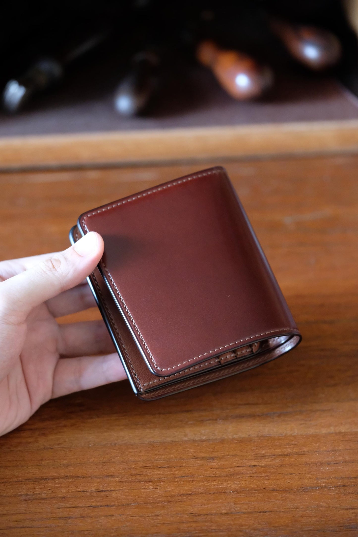 SV01 - Bifold Wallet - Japanese Shinki Hikaku shell cordovan - Burgundy / Camel / Made to Order