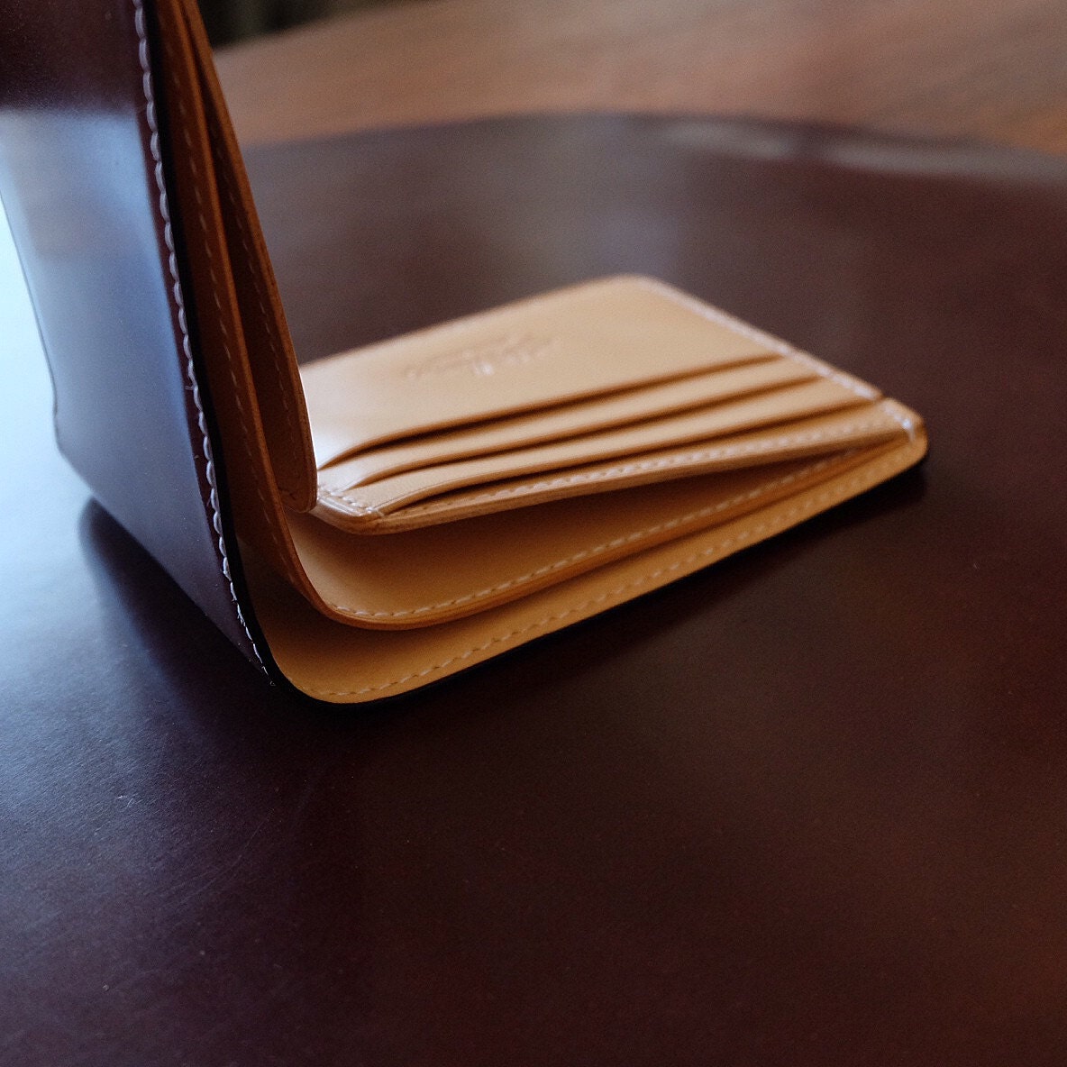 SW01 - Bifold Wallet - Japanese Shinki Hikaku shell cordovan - Burgundy / Natural / Made to Order