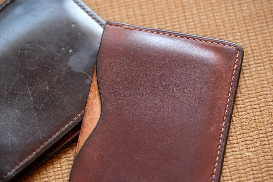 Horween and Shinki Hikaku Shell Cordovan side by side after eight years — contrast in sheen and surface