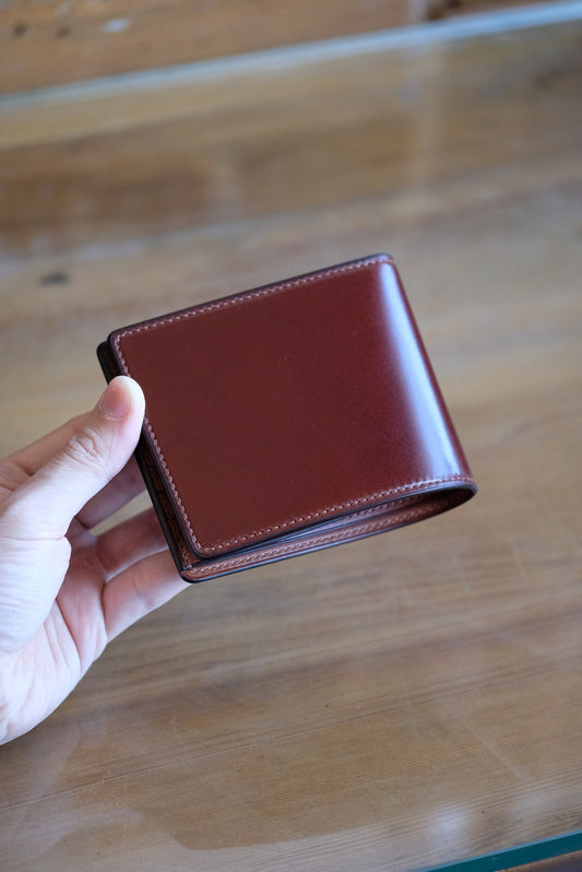 SW01 - Bifold Wallet - Japanese Shinki Hikaku shell cordovan - Burgundy / Camel / No.15 stitching / Made to Order