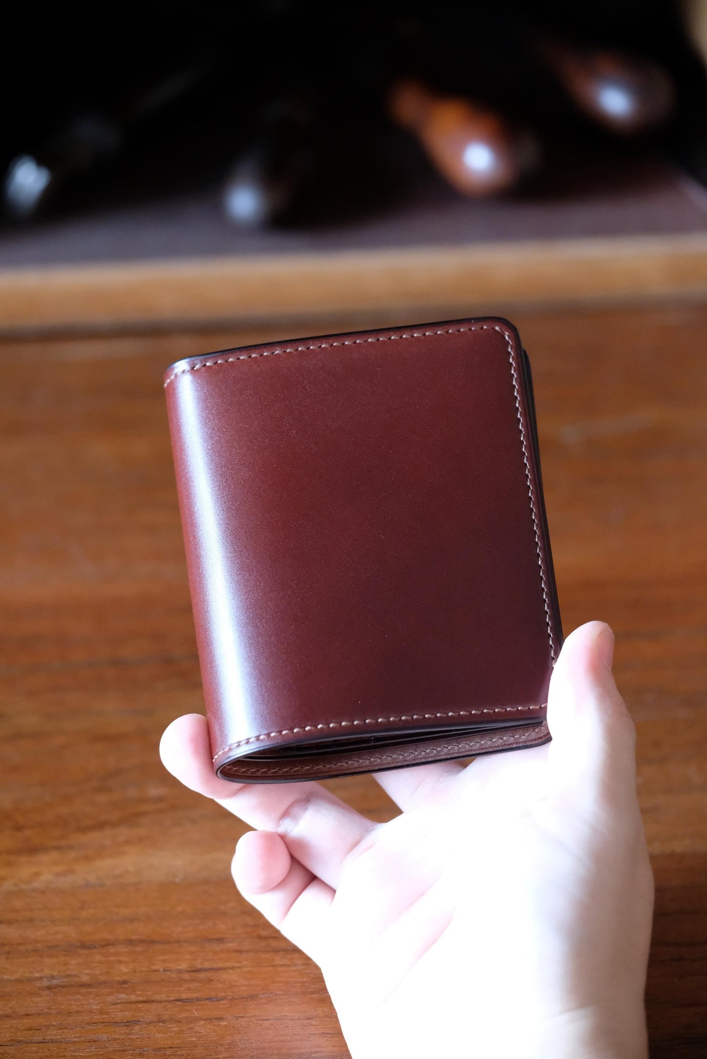 SV01 - Bifold Wallet - Japanese Shinki Hikaku shell cordovan - Burgundy / Camel / Made to Order